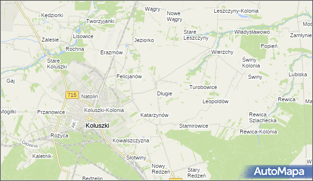 mapa Długie gmina Koluszki, Długie gmina Koluszki na mapie Targeo