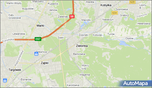 mapa Zielonka powiat wołomiński, Zielonka powiat wołomiński na mapie Targeo