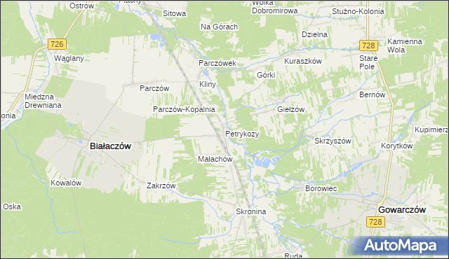 mapa Petrykozy gmina Białaczów, Petrykozy gmina Białaczów na mapie Targeo