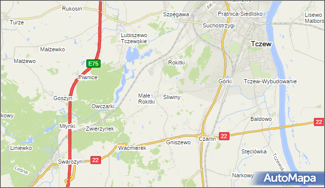 mapa Śliwiny gmina Tczew, Śliwiny gmina Tczew na mapie Targeo