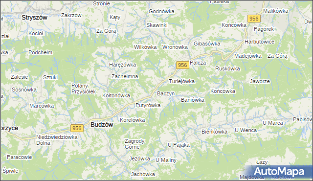 mapa Baczyn gmina Budzów, Baczyn gmina Budzów na mapie Targeo