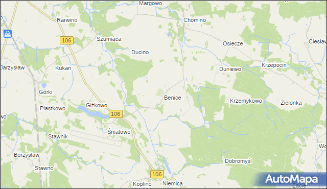 mapa Benice gmina Kamień Pomorski, Benice gmina Kamień Pomorski na mapie Targeo