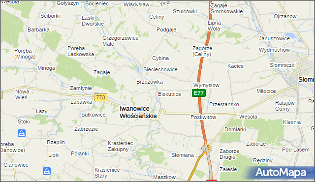 mapa Biskupice gmina Iwanowice, Biskupice gmina Iwanowice na mapie Targeo