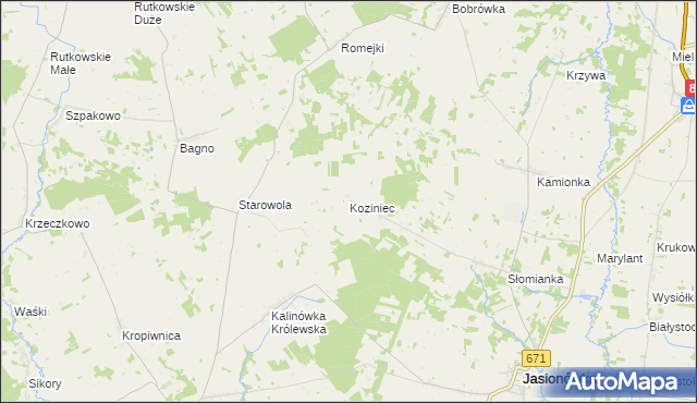 mapa Koziniec gmina Jasionówka, Koziniec gmina Jasionówka na mapie Targeo