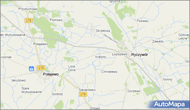 mapa Krężoły gmina Ryczywół, Krężoły gmina Ryczywół na mapie Targeo