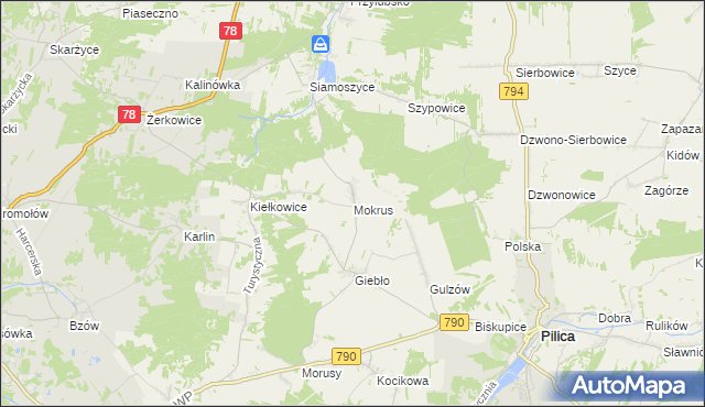 mapa Mokrus gmina Ogrodzieniec, Mokrus gmina Ogrodzieniec na mapie Targeo