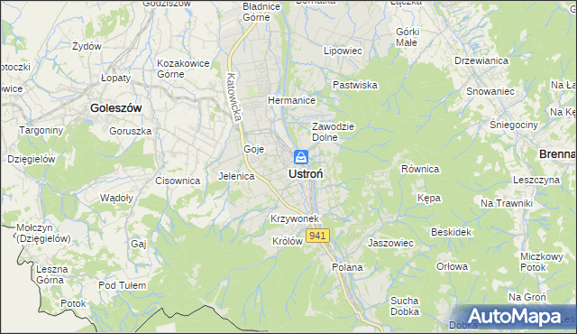 mapa Ustroń powiat cieszyński, Ustroń powiat cieszyński na mapie Targeo
