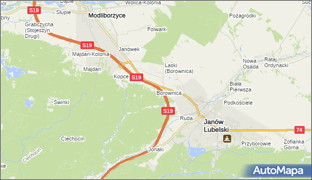 mapa Borownica gmina Janów Lubelski, Borownica gmina Janów Lubelski na mapie Targeo