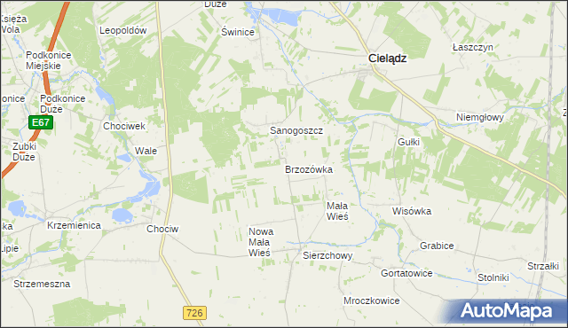 mapa Brzozówka gmina Cielądz, Brzozówka gmina Cielądz na mapie Targeo