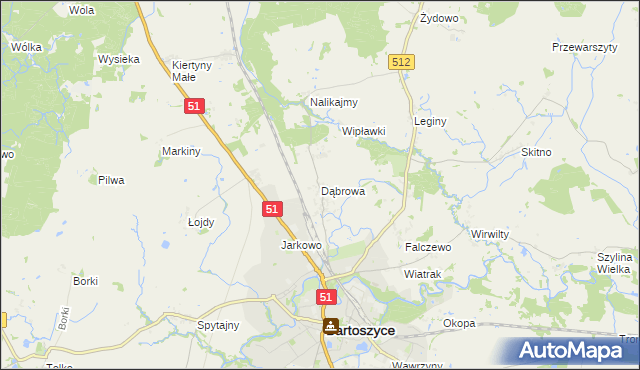mapa Dąbrowa gmina Bartoszyce, Dąbrowa gmina Bartoszyce na mapie Targeo