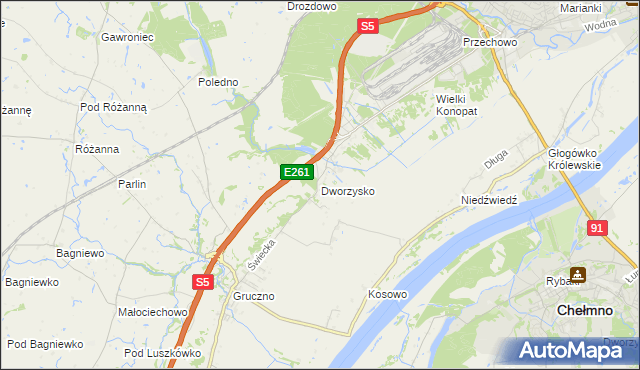 mapa Dworzysko gmina Świecie, Dworzysko gmina Świecie na mapie Targeo