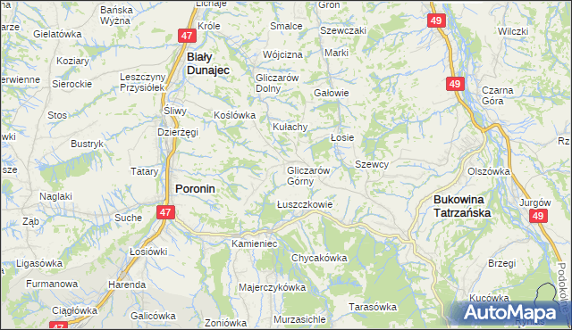 mapa Gliczarów Górny, Gliczarów Górny na mapie Targeo