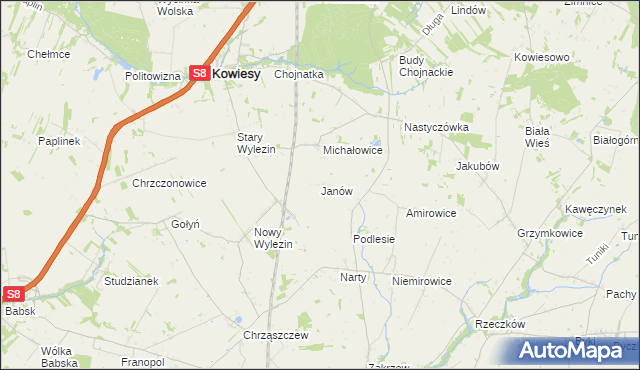 mapa Janów gmina Kowiesy, Janów gmina Kowiesy na mapie Targeo