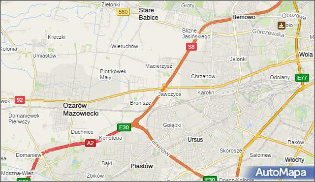 mapa Jawczyce gmina Ożarów Mazowiecki, Jawczyce gmina Ożarów Mazowiecki na mapie Targeo