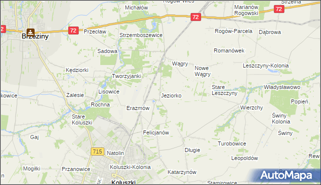 mapa Jeziorko gmina Koluszki, Jeziorko gmina Koluszki na mapie Targeo