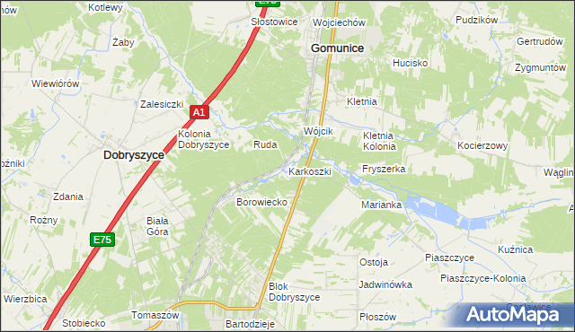 mapa Karkoszki gmina Gomunice, Karkoszki gmina Gomunice na mapie Targeo