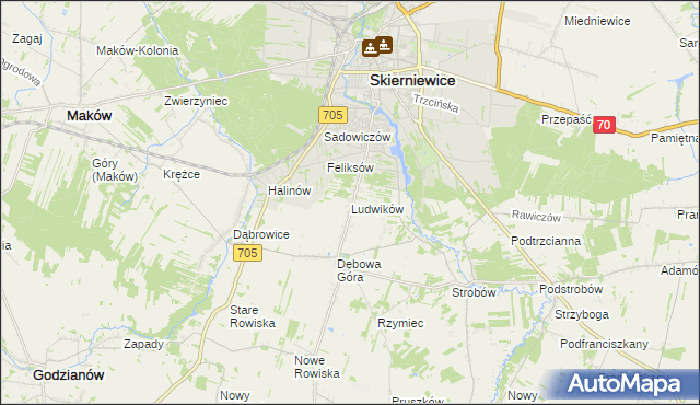 mapa Ludwików gmina Skierniewice, Ludwików gmina Skierniewice na mapie Targeo