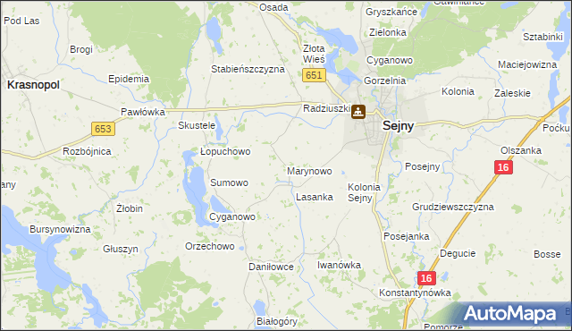 mapa Marynowo gmina Sejny, Marynowo gmina Sejny na mapie Targeo
