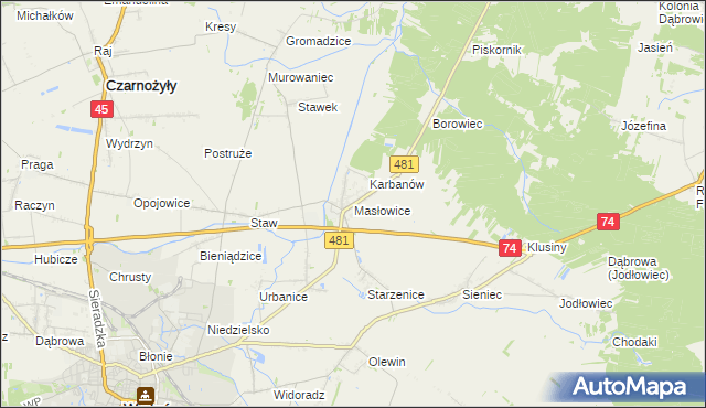 mapa Masłowice gmina Wieluń, Masłowice gmina Wieluń na mapie Targeo