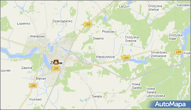 mapa Międzybłocie gmina Złotów, Międzybłocie gmina Złotów na mapie Targeo