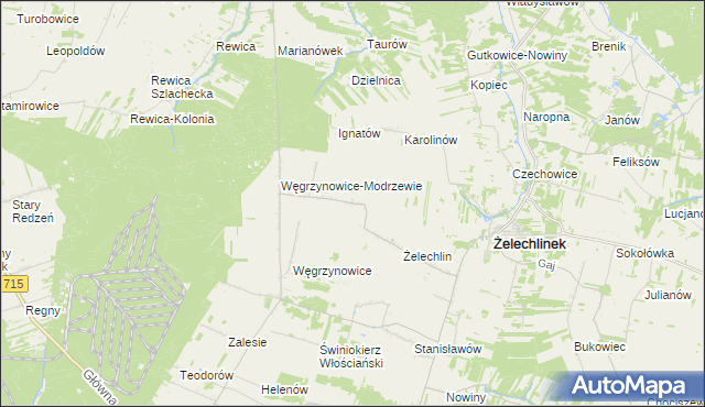 mapa Modrzewek gmina Żelechlinek, Modrzewek gmina Żelechlinek na mapie Targeo