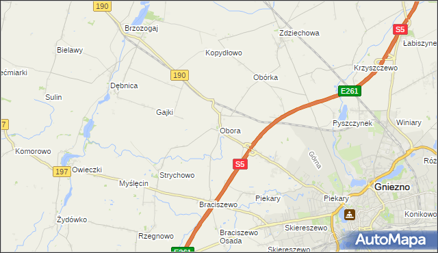 mapa Obora gmina Gniezno, Obora gmina Gniezno na mapie Targeo