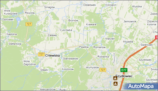 mapa Pawłów gmina Chlewiska, Pawłów gmina Chlewiska na mapie Targeo