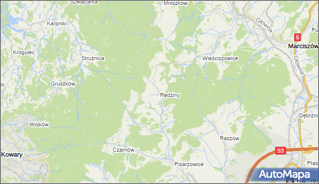 mapa Rędziny gmina Kamienna Góra, Rędziny gmina Kamienna Góra na mapie Targeo