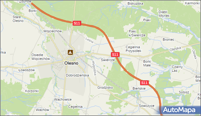 mapa Świercze gmina Olesno, Świercze gmina Olesno na mapie Targeo