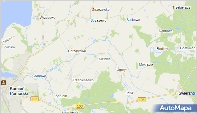 mapa Świniec gmina Kamień Pomorski, Świniec gmina Kamień Pomorski na mapie Targeo