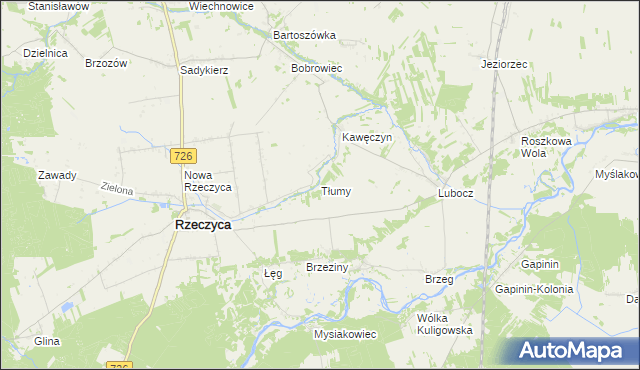 mapa Tłumy gmina Rzeczyca, Tłumy gmina Rzeczyca na mapie Targeo