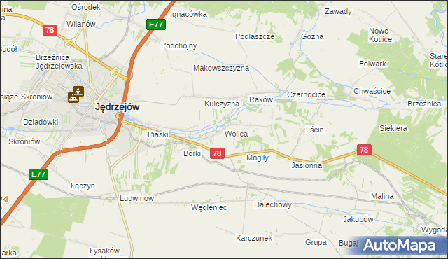 mapa Wolica gmina Jędrzejów, Wolica gmina Jędrzejów na mapie Targeo