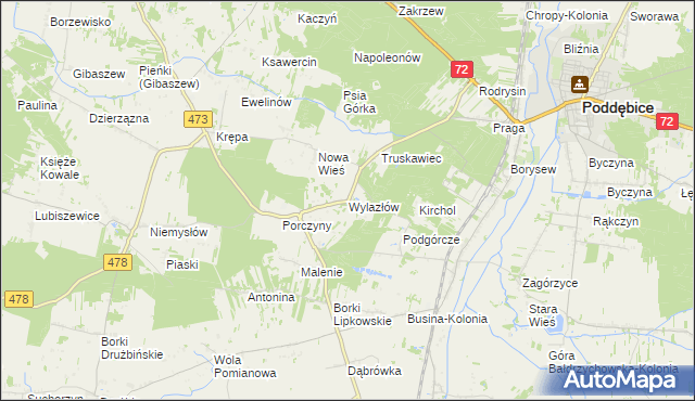 mapa Wylazłów gmina Poddębice, Wylazłów gmina Poddębice na mapie Targeo