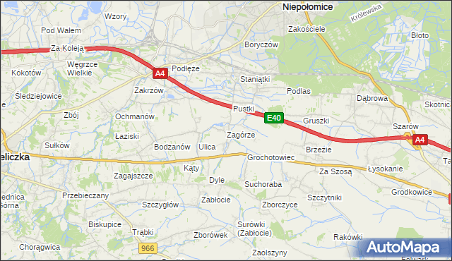 mapa Zagórze gmina Niepołomice, Zagórze gmina Niepołomice na mapie Targeo