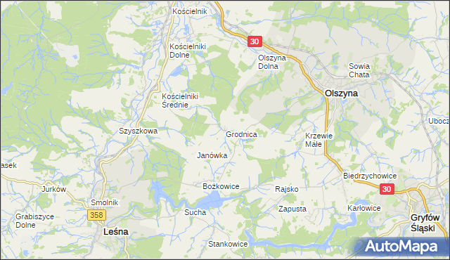 mapa Grodnica gmina Olszyna, Grodnica gmina Olszyna na mapie Targeo