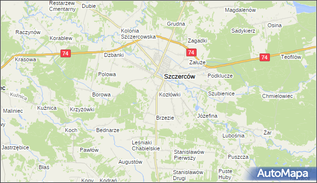 mapa Kozłówki gmina Szczerców, Kozłówki gmina Szczerców na mapie Targeo