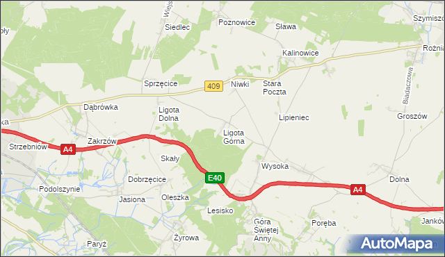 mapa Ligota Górna gmina Strzelce Opolskie, Ligota Górna gmina Strzelce Opolskie na mapie Targeo