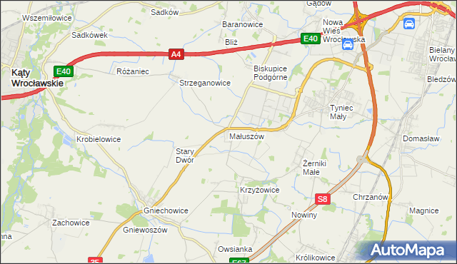 mapa Małuszów gmina Kobierzyce, Małuszów gmina Kobierzyce na mapie Targeo