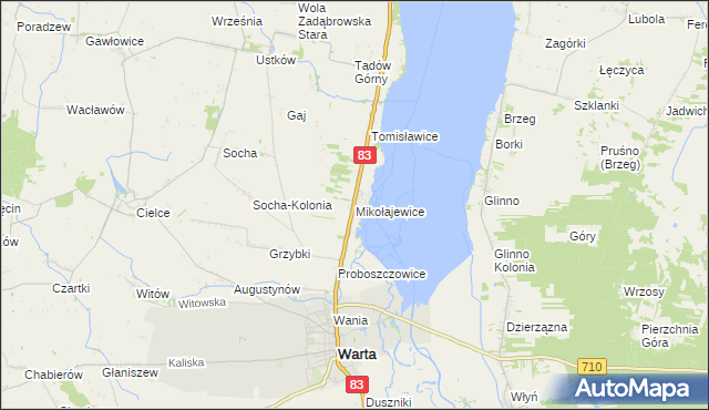 mapa Mikołajewice gmina Warta, Mikołajewice gmina Warta na mapie Targeo
