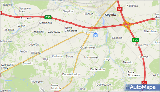 mapa Orzechówek gmina Stryków, Orzechówek gmina Stryków na mapie Targeo
