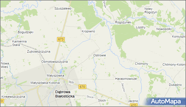 mapa Ostrowie gmina Dąbrowa Białostocka, Ostrowie gmina Dąbrowa Białostocka na mapie Targeo