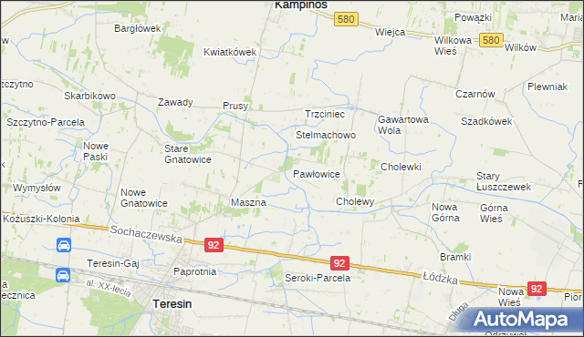 mapa Pawłowice gmina Teresin, Pawłowice gmina Teresin na mapie Targeo