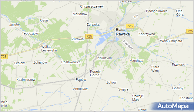 mapa Rokszyce gmina Biała Rawska, Rokszyce gmina Biała Rawska na mapie Targeo