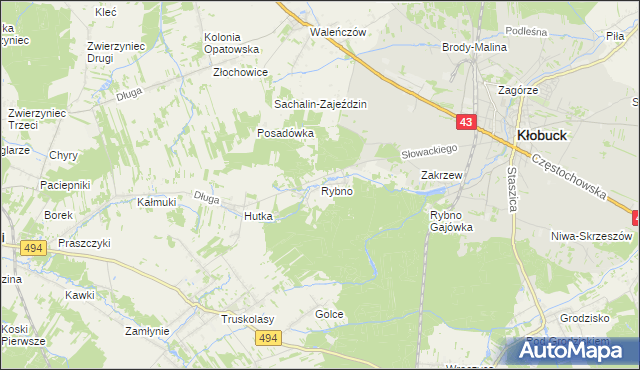 mapa Rybno gmina Kłobuck, Rybno gmina Kłobuck na mapie Targeo