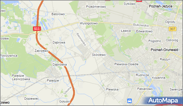 mapa Skórzewo gmina Dopiewo, Skórzewo gmina Dopiewo na mapie Targeo