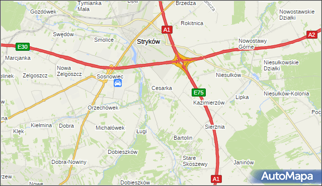 mapa Warszewice gmina Stryków, Warszewice gmina Stryków na mapie Targeo