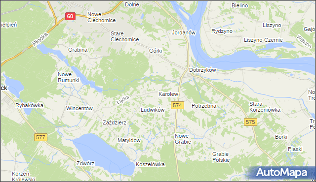 mapa Karolew gmina Gąbin, Karolew gmina Gąbin na mapie Targeo