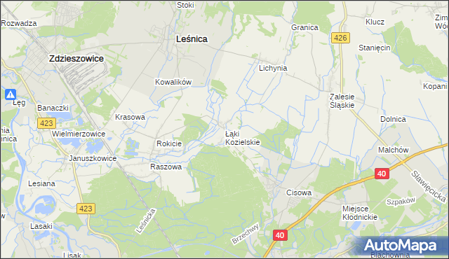 mapa Łąki Kozielskie, Łąki Kozielskie na mapie Targeo