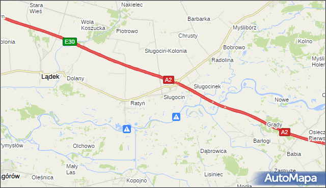 mapa Sługocin gmina Lądek, Sługocin gmina Lądek na mapie Targeo