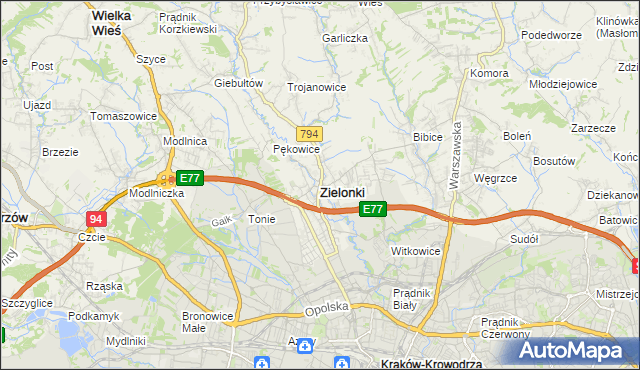 mapa Zielonki powiat krakowski, Zielonki powiat krakowski na mapie Targeo